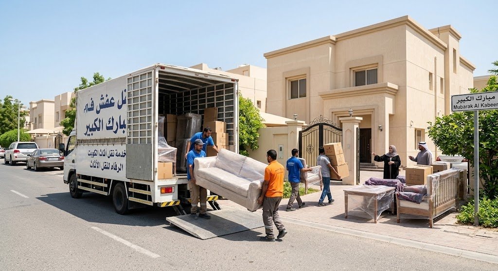 لقطة جوية لشاحنة نقل تابعة لشركة سكاي موف أثناء ترتيب العمال لأثاث مغلف بعناية في المدينة المنورة