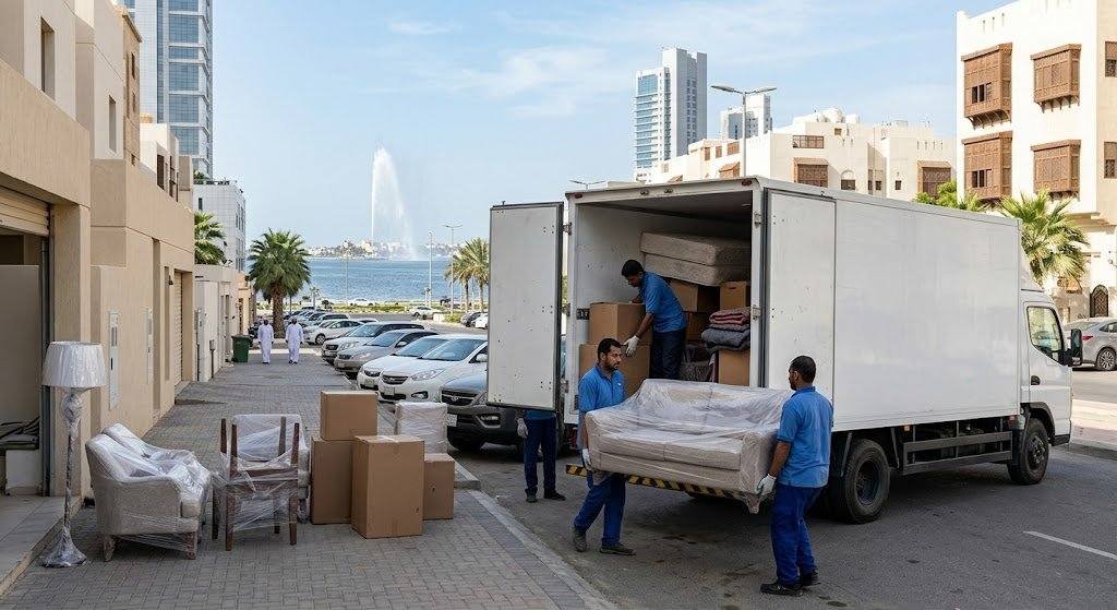 فريق عمل محترف يقوم بتغليف ونقل الأثاث بعناية فائقة ضمن خدمات نقل عفش الحناكية بالمدينة المنورة لضمان حماية الممتلكات ووصولها بأمان تام وبدون أي خدوش.