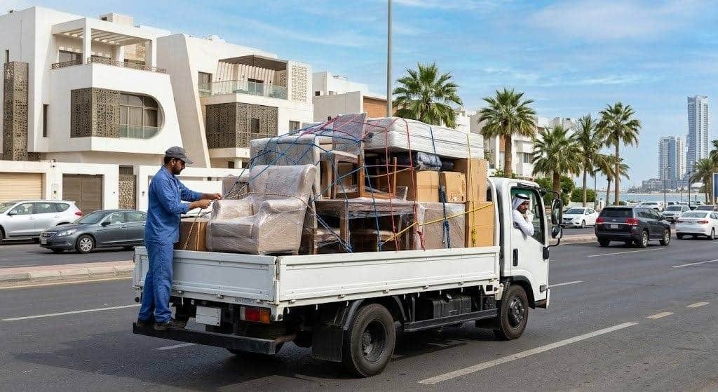 فريق عمل محترف يقوم بفك وتغليف ونقل الأثاث بدقة وعناية باستخدام أحدث المعدات وسيارات النقل المجهزة ضمن خدمات نقل عفش حي الجرف لضمان سلامة المنقولات وراحة العملاء.