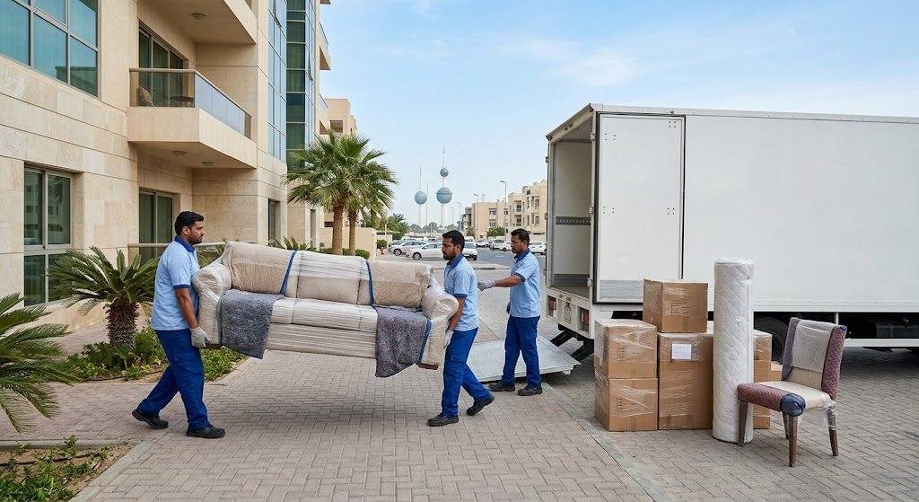 فريق عمل محترف يقوم بفك وتغليف ونقل الأثاث بأمان وعناية ضمن خدمات نقل عفش حي قباء لضمان راحة وسلامة ممتلكات العملاء.