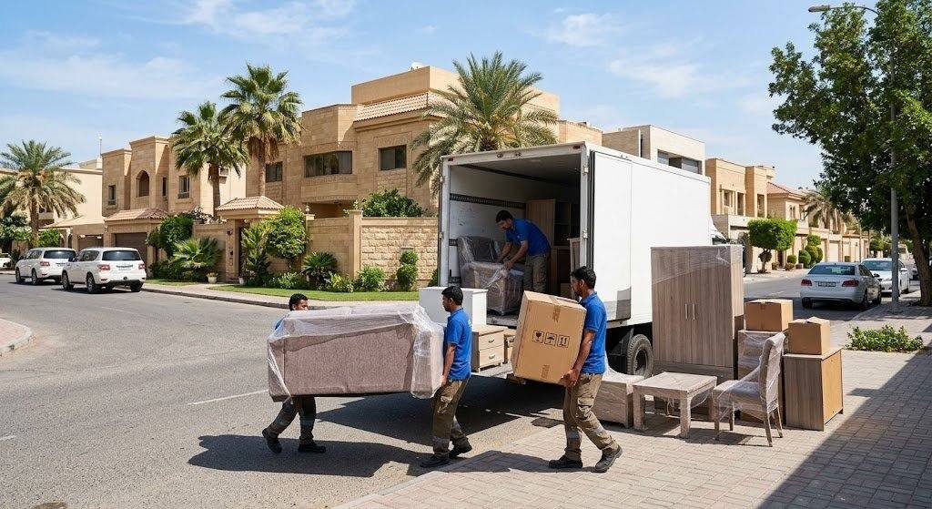 فريق عمل محترف يقوم بأعمال فك وتغليف ونقل العفش بدقة وأمان باستخدام أحدث سيارات النقل والمواد المخصصة ضمن خدمات نقل عفش حي النخاولة لضمان سلامة المنقولات وراحة العملاء.