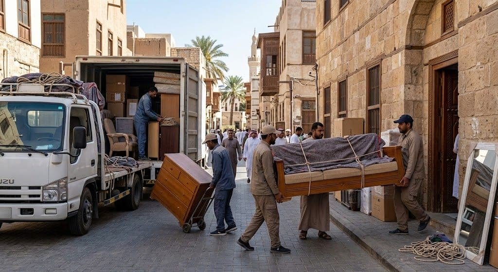 فريق عمل محترف يقوم بأعمال فك وتغليف ونقل العفش بدقة وأمان باستخدام أحدث المعدات وسيارات النقل ضمن خدمات نقل عفش حي الاصيفرين بالمدينة المنورة لضمان المحافظة على سلامة المنقولات وراحة العملاء.